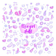 Fototapeta na wymiar Cute funny Girl teenager colored icon set, fashion cute teen and princess icons - pizza, unicorn, cat, lollypop, fruits and other hand draw line teens icon collection. Magic fun cute girls objects