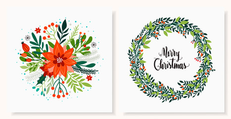 Christmas greetings cards set with seasonal design and decorative wreaths and flowers © lilett