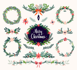 Christmas floral collection with seasonal wreaths and decorative bouquets - obrazy, fototapety, plakaty