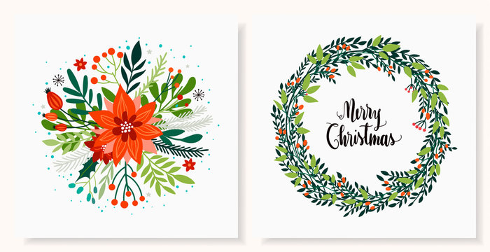 Christmas greetings cards set with seasonal design and decorative wreaths and flowers
