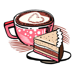 Coffee cup and cake. Outline hand drawn stylized sletch vector illustration with color fills on white background