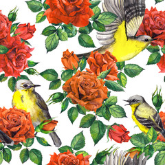 Secret garden - red roses flowers, birds. Seamless floral background. Watercolor