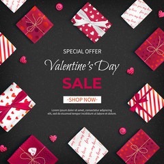 Special offer Valentine's Day Sale. Discount flyer, big seasonal sale. Web banner with holiday gift boxes in different packaging, candy in the form of heart on black background. Vector Illustration.