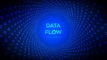 Data Flow. Digital Code. Binary data flow. Virtual tunnel warp. Coding, programming or hacking concept. Computer science illustration with 1 and 0 symbols repetitions. Vector Illustration.