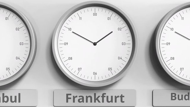 Clock shows Frankfurt, Germany time among different timezones. 3D animation