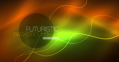 Abstract shiny glowinng color wave design element on dark background - science or technology concept