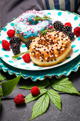 Morning breakfast with mini donuts and berries on plate under powdered sugar on dark background. Tasty donuts closeup. Doughnut.