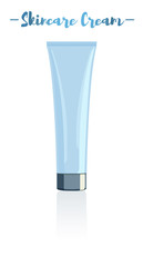 Blue vector illustration of a beauty utensil moisturizing cream tube for face and hands.