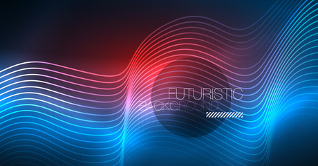 Glowing abstract wave on dark, shiny motion, Christmas and New Year magic space light. Techno abstract background