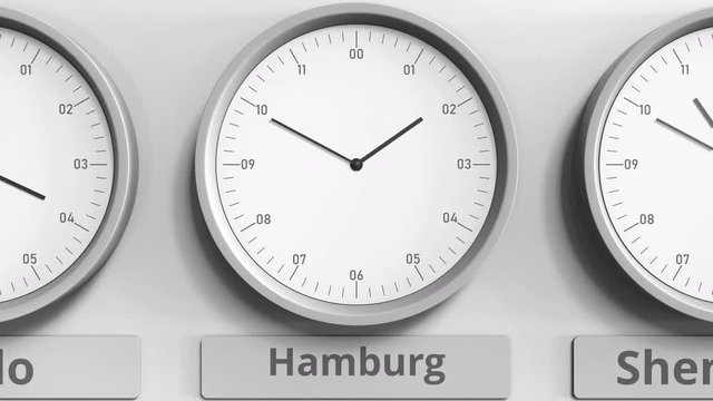 Clock shows Hamburg, Germany time among different timezones. 3D animation