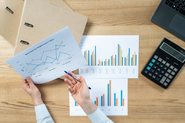 Flat lay high angle above top view cropped economist financier sale manager lady in her formalwear...