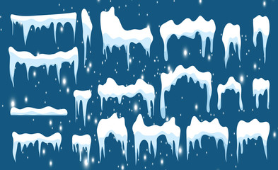 Set of snow icicles on transparent background. Snow elements on winter background. Vector illustration - obrazy, fototapety, plakaty