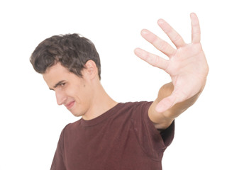 Portrait disgusted young man. Negative human emotion.  Isolated on a white background.
