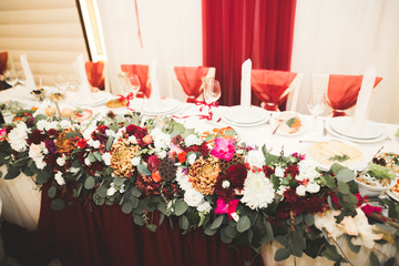 Interior of a restaurant prepared for wedding ceremony