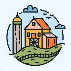 Modern circular logo with rural landscape and farm building or barn drawn in line art style