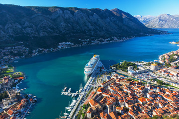 Top view on big tourist ship enters the Bay of Kotor, Montenegro