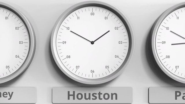Focus on the clock showing Houston, USA time. 3D animation