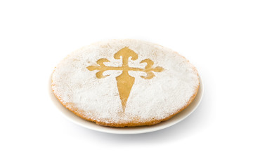 Tarta de Santiago. Traditional almond cake from Santiago in Spain, isolated on white background