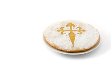 Tarta de Santiago. Traditional almond cake from Santiago in Spain, isolated on white background. Copyspace