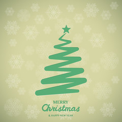 Stylized green christmas tree on snowflakes background. Paper christmas tree. Merry Christmas Greetings card