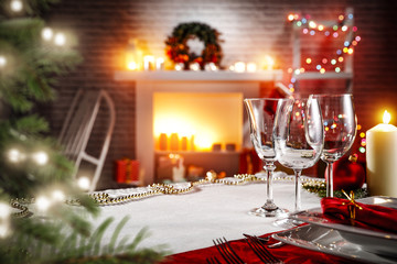 Table background with fireplace and christmas tree 