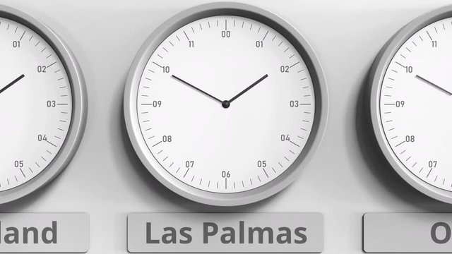 Round clock showing Las palmas, Spain time within world time zones. 3D animation