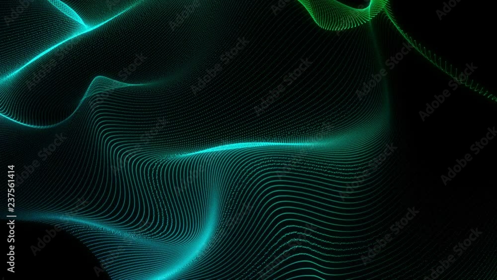 Poster 4k 60 fps. abstract loopable green motion waving dots texture with glowing defocused particles. cybe