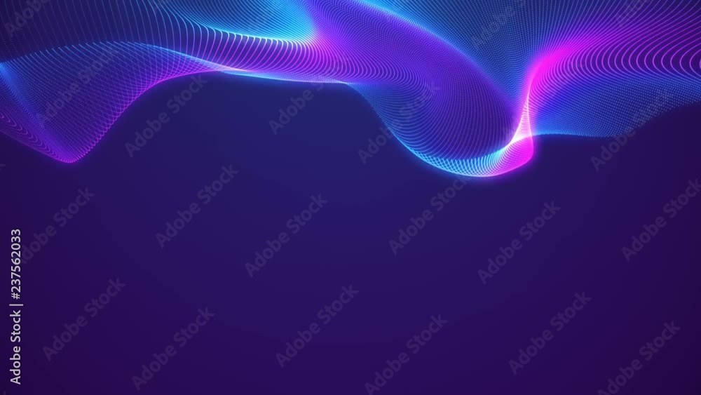 Poster abstract loopable blue and violet cg motion waving dots texture with glowing defocused particles. ne