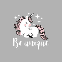 Cute vector baby unicorns with stars and text. Perfect for tee shirt logo, poster or card design. 