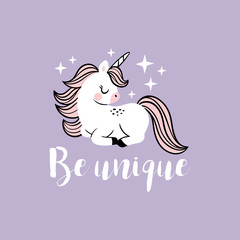 Cute vector baby unicorns with stars and text. Perfect for tee shirt logo, poster or card design. 