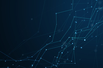 Abstract polygonal shapes. Background with connecting dots and lines. Futuristic molecules on dark background. The technology concept illustration