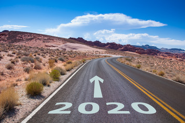 The year 2020  written on an empty street in the desert of Nevada, USA. An arrow is pointing into the future.