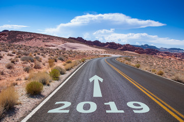 The year 2019 written on an empty street in the desert of Nevada, USA. An arrow is pointing into the future.