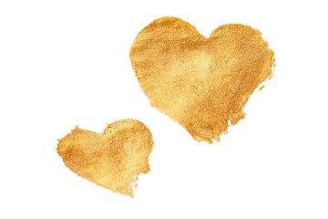 Set of two gold hearts shape, golden glitter watercolor painting isolated on white