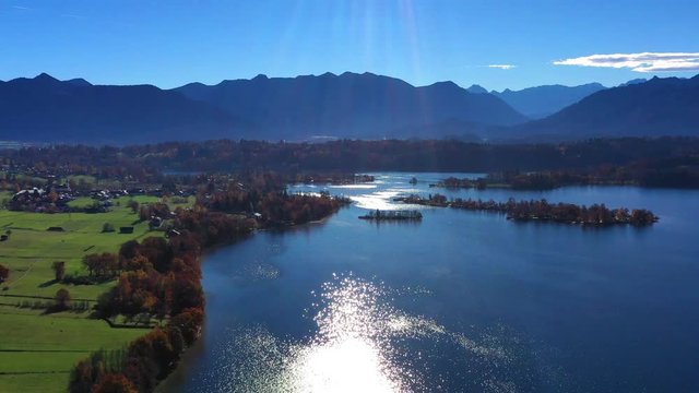 Aerial view, Flight over Staffelsee with islands, Bavaria, Germany