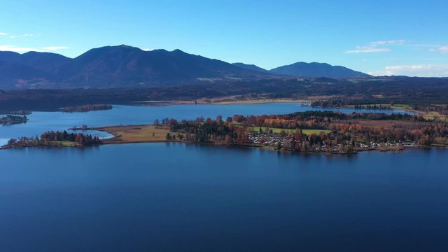 Aerial view, Flight over Staffelsee with islands, Bavaria, Germany