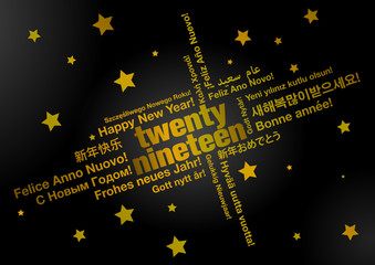 Happy New Year 2019 in different languages greeting card concept