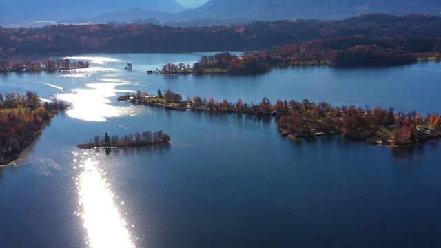 Aerial view, Flight over Staffelsee with islands, Bavaria, Germany