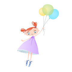 Cute little girl flying with balloons. Vector. Character design.