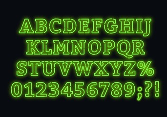 Fototapeta premium Neon green font. Bright capital letters with numbers on a dark background.