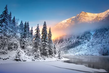 Fototapeten Winterliche Berglandschaft bei Sonnenaufgang © dzmitrock87