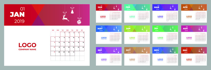 Vector of 2019 new year calendar in clean minimal table colorful simple style with christmas elements