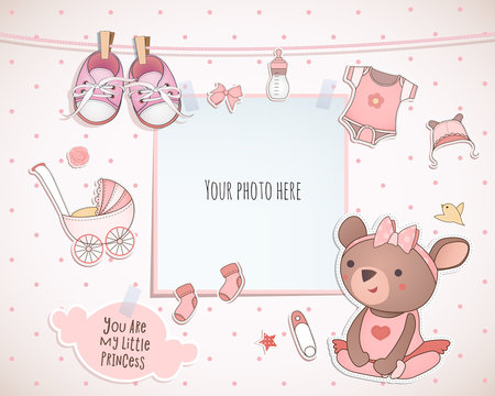 Baby girl shower card. Teddy bear. Arrival card with place for your photo.