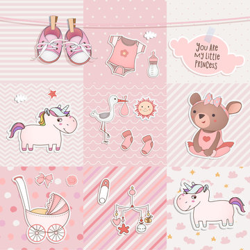 Set of elements for baby shower design with a teddy bear, unicorns, gumshoes. Paper, scrapbook.  