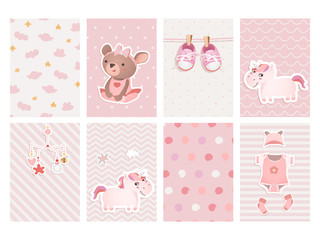 Set of cards for baby shower design with a teddy bear, unicorns, gumshoes. 