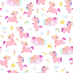 Seamless pattern with unicorns, clouds, stars and rainbows.