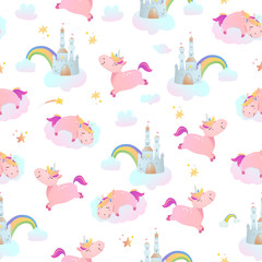 Seamless pattern with unicorns, rainbows and castles.