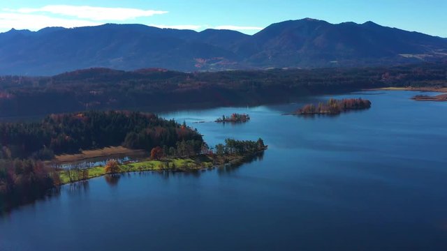 Aerial view, Flight over Staffelsee with islands, Bavaria, Germany