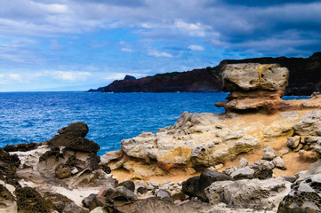 Fototapeta na wymiar Boulder on a cliff overlooking the ocean, Maui, Hawaii, USA