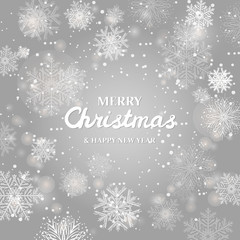 Merry Christmas Greetings card. Glitter Snowflakes Background.